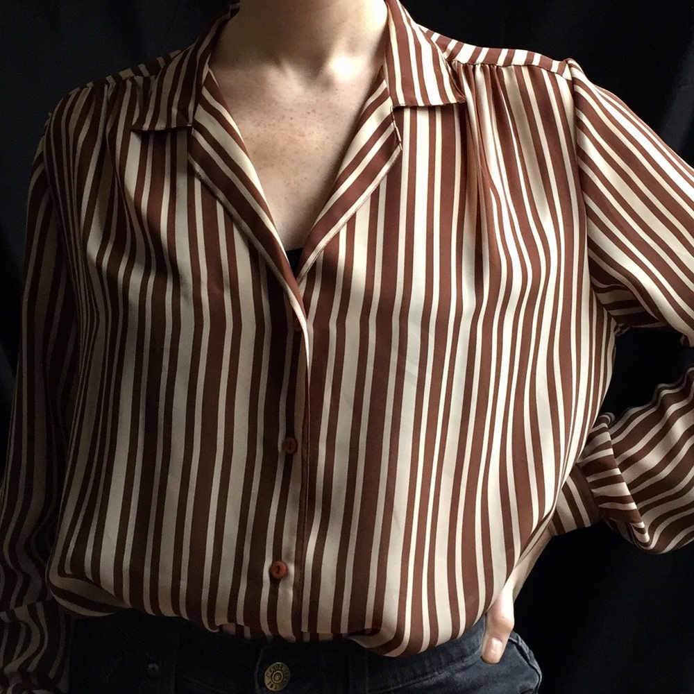 Vintage Shapely Brown & Cream Striped Button Down